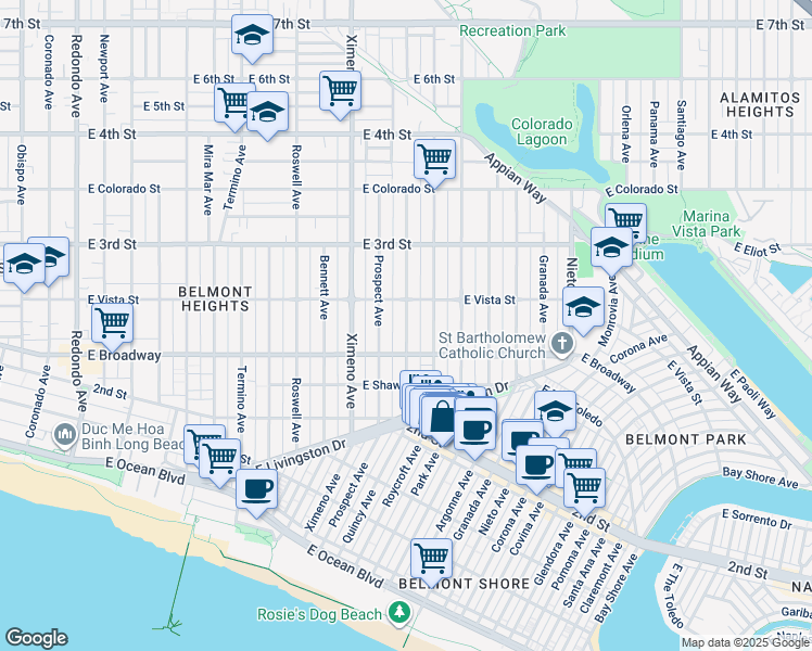 map of restaurants, bars, coffee shops, grocery stores, and more near 232 Prospect Avenue in Long Beach