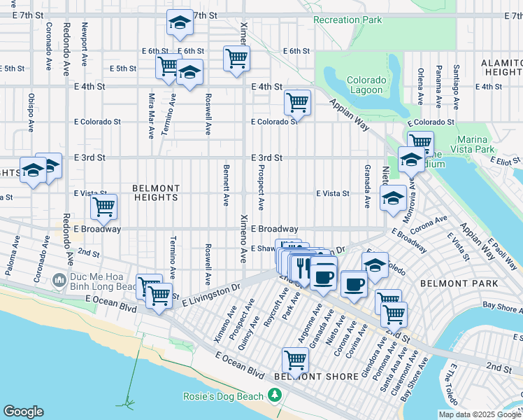 map of restaurants, bars, coffee shops, grocery stores, and more near 232 Prospect Avenue in Long Beach
