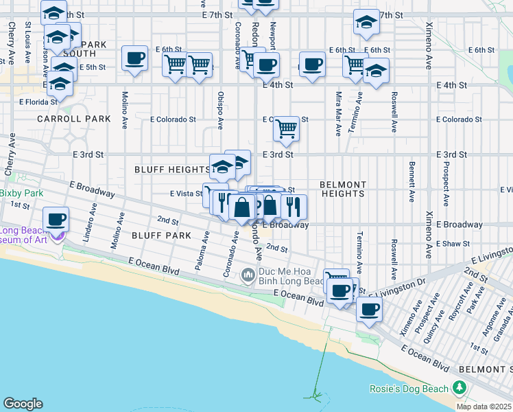 map of restaurants, bars, coffee shops, grocery stores, and more near in Long Beach