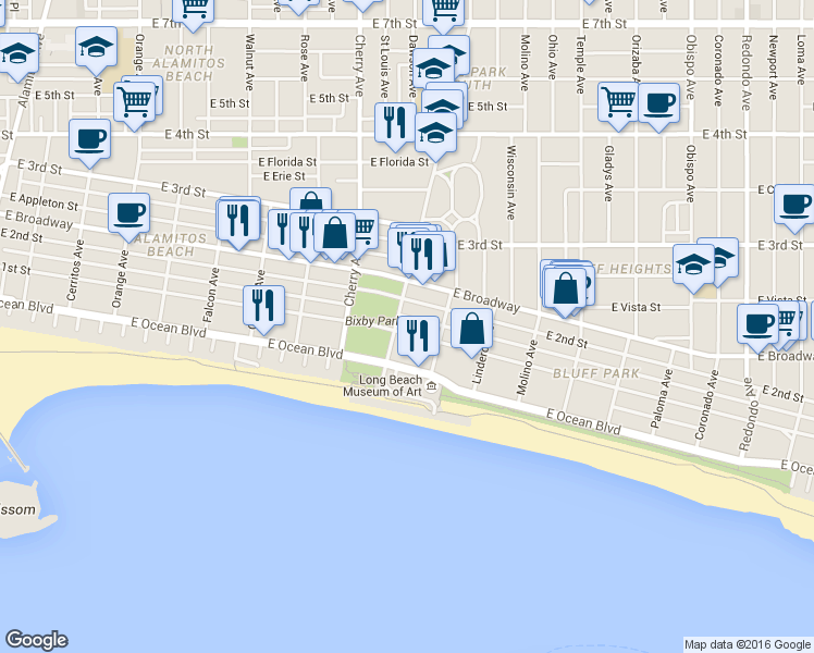 map of restaurants, bars, coffee shops, grocery stores, and more near 2128 East 1st Street in Long Beach