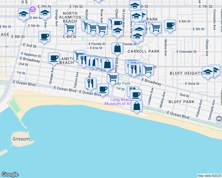 map of restaurants, bars, coffee shops, grocery stores, and more near in Long Beach
