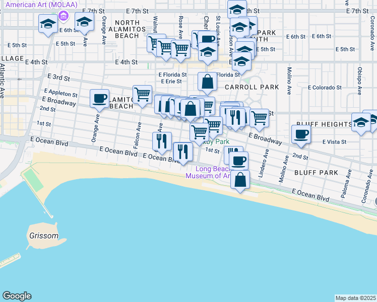 map of restaurants, bars, coffee shops, grocery stores, and more near in Long Beach