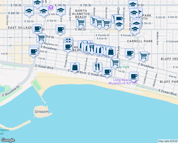 map of restaurants, bars, coffee shops, grocery stores, and more near 1610 East Ocean Boulevard in Long Beach