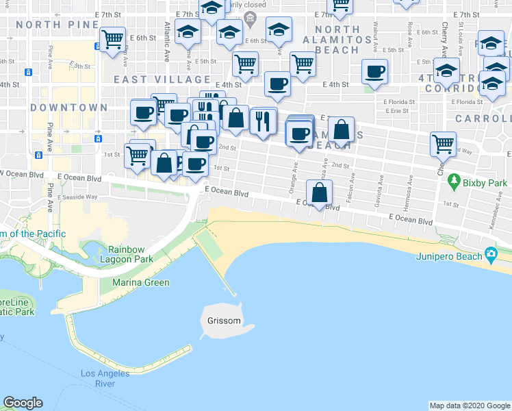 map of restaurants, bars, coffee shops, grocery stores, and more near 23 South 4th Place in Long Beach
