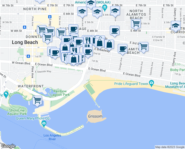 map of restaurants, bars, coffee shops, grocery stores, and more near 850 East Ocean Boulevard in Long Beach