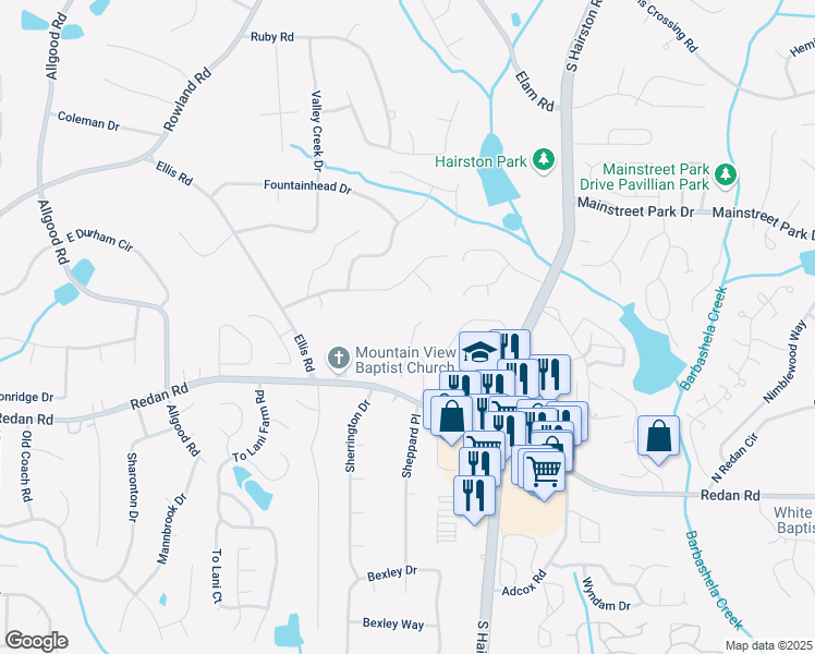 map of restaurants, bars, coffee shops, grocery stores, and more near 1009 Autumn Crest Court in Stone Mountain