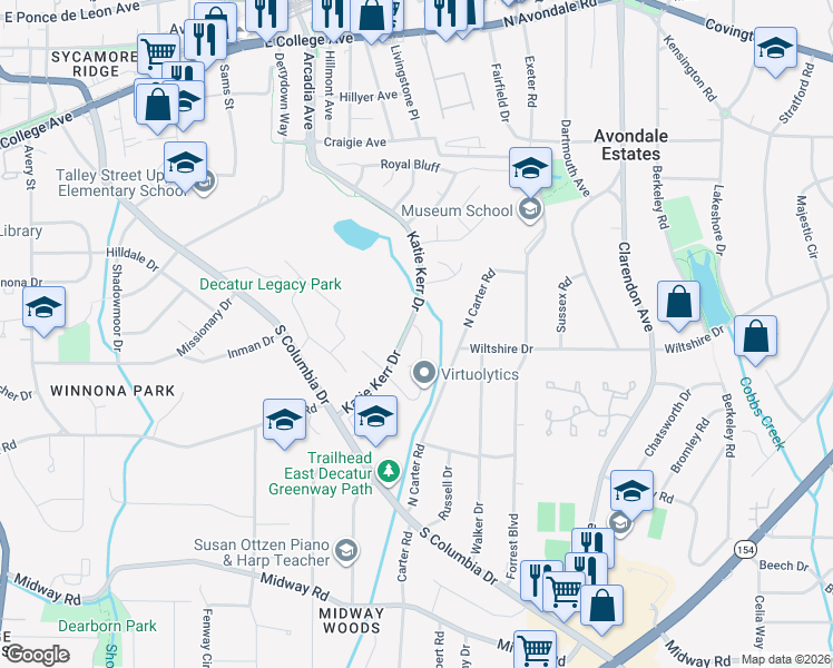 map of restaurants, bars, coffee shops, grocery stores, and more near 2788 Ashbury Court in Decatur