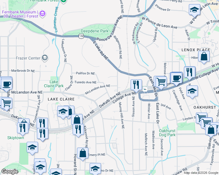 map of restaurants, bars, coffee shops, grocery stores, and more near 2118 Palifox Drive Northeast in Atlanta