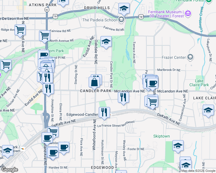 map of restaurants, bars, coffee shops, grocery stores, and more near 410 Candler Park Drive Northeast in Atlanta
