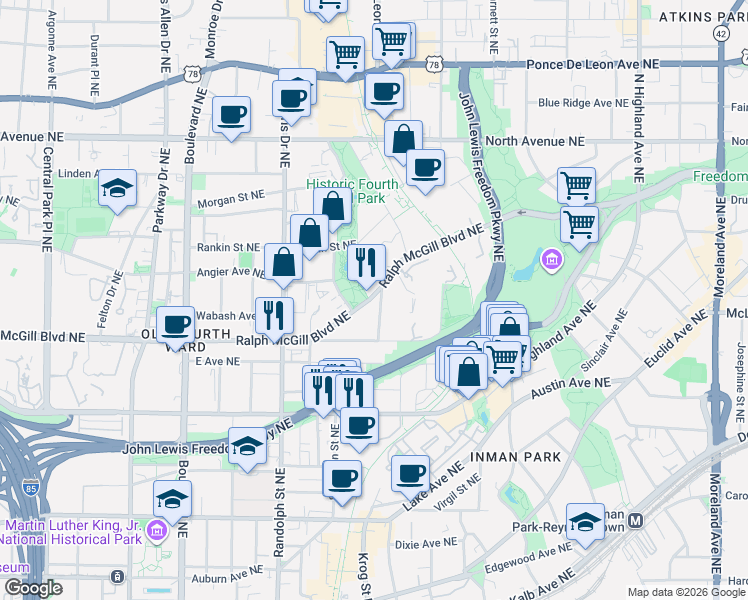 map of restaurants, bars, coffee shops, grocery stores, and more near 697 Ralph McGill Boulevard Northeast in Atlanta
