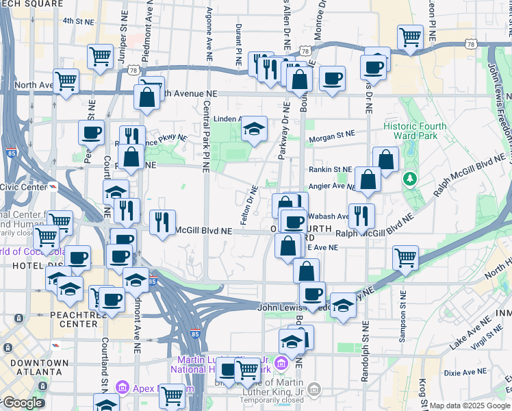 map of restaurants, bars, coffee shops, grocery stores, and more near 383 Angier Court Northeast in Atlanta
