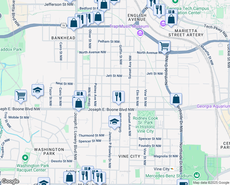 map of restaurants, bars, coffee shops, grocery stores, and more near 377 Chestnut Street Northwest in Atlanta