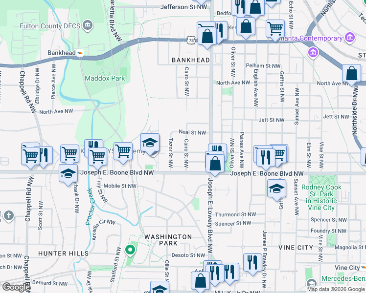 map of restaurants, bars, coffee shops, grocery stores, and more near 382 Cairo Street Northwest in Atlanta