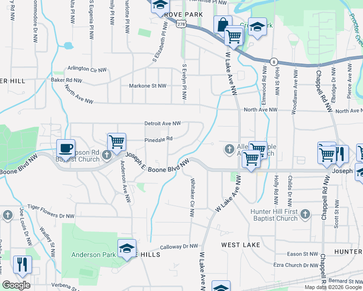 map of restaurants, bars, coffee shops, grocery stores, and more near 1661 Detroit Avenue Northwest in Atlanta