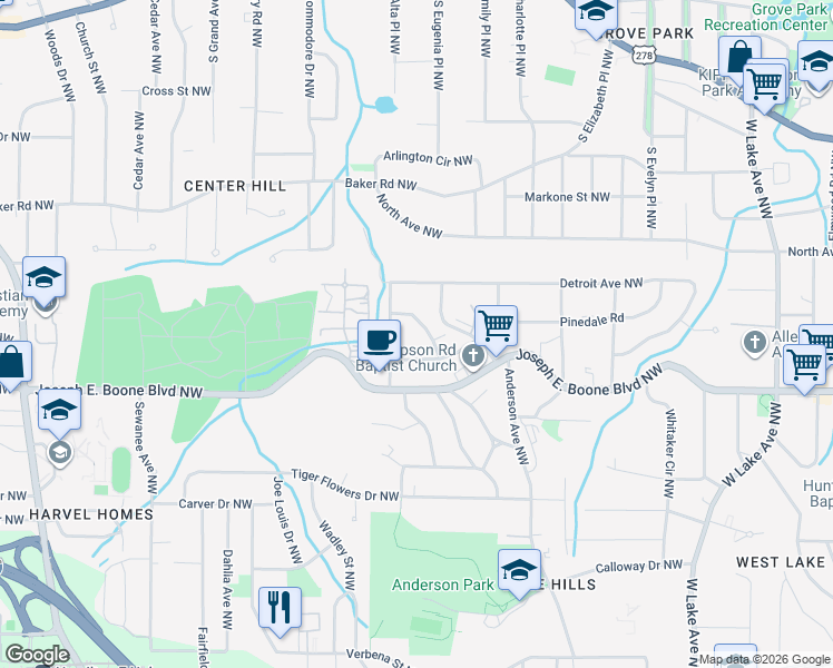 map of restaurants, bars, coffee shops, grocery stores, and more near 370 Yonkers Avenue Northwest in Atlanta