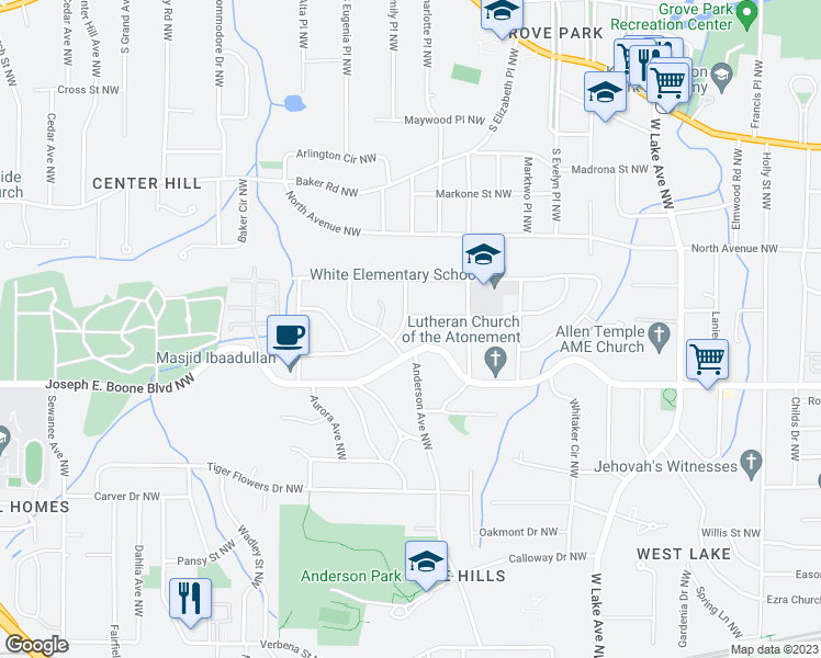 map of restaurants, bars, coffee shops, grocery stores, and more near 371 Illinois Avenue Northwest in Atlanta