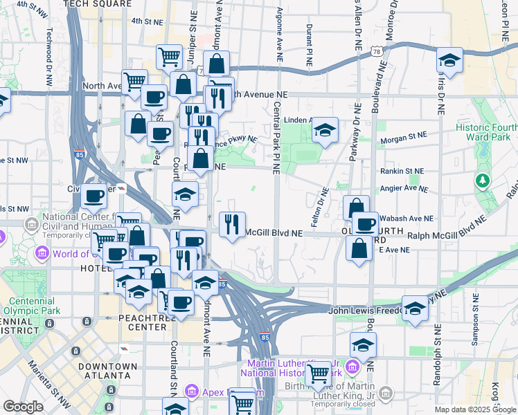map of restaurants, bars, coffee shops, grocery stores, and more near 400 Central Park Place Northeast in Atlanta