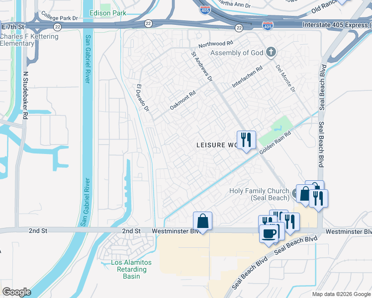 map of restaurants, bars, coffee shops, grocery stores, and more near 1341 Wee Burn Road in Seal Beach