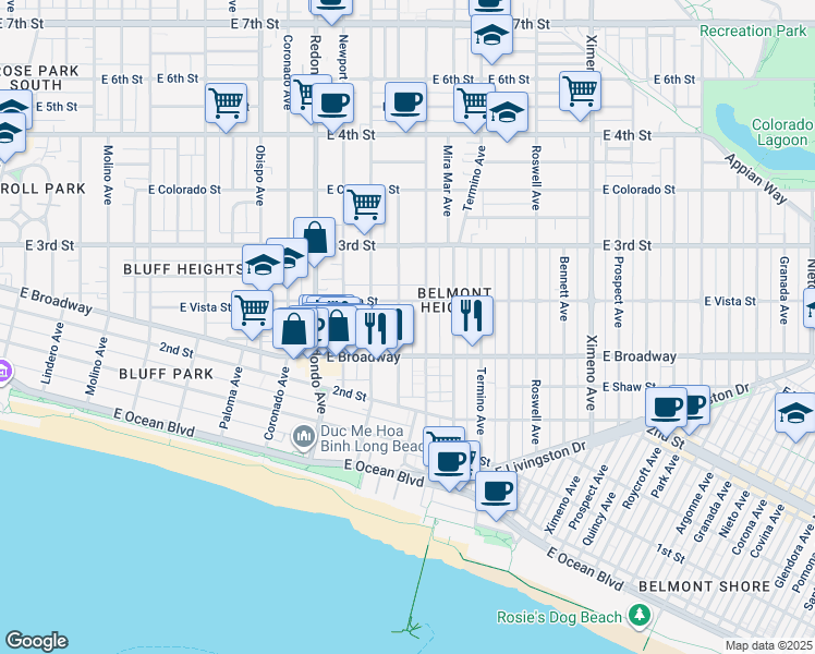 map of restaurants, bars, coffee shops, grocery stores, and more near 230 Euclid Avenue in Long Beach