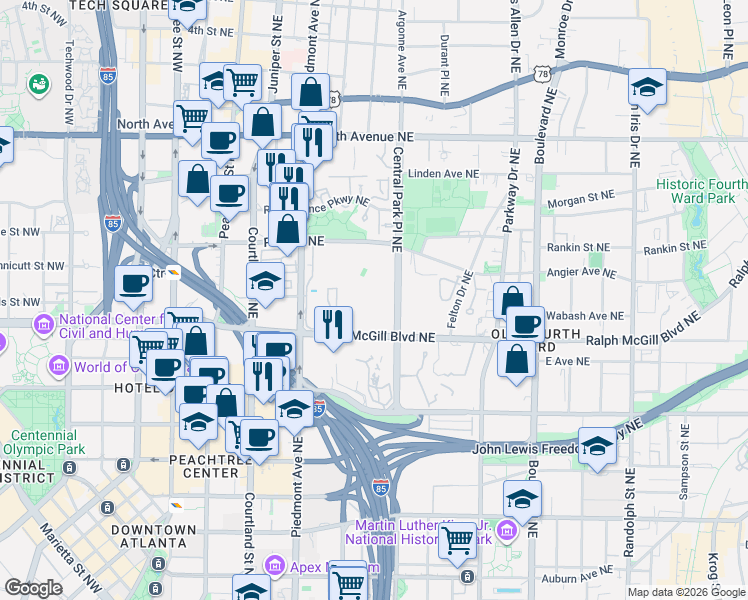 map of restaurants, bars, coffee shops, grocery stores, and more near 400 Central Park Place Northeast in Atlanta