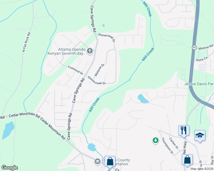 map of restaurants, bars, coffee shops, grocery stores, and more near 7115 Stonecreek Drive in Douglasville