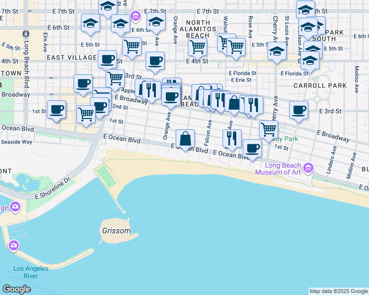 map of restaurants, bars, coffee shops, grocery stores, and more near East Ocean Boulevard & Esperanza Avenue in Long Beach