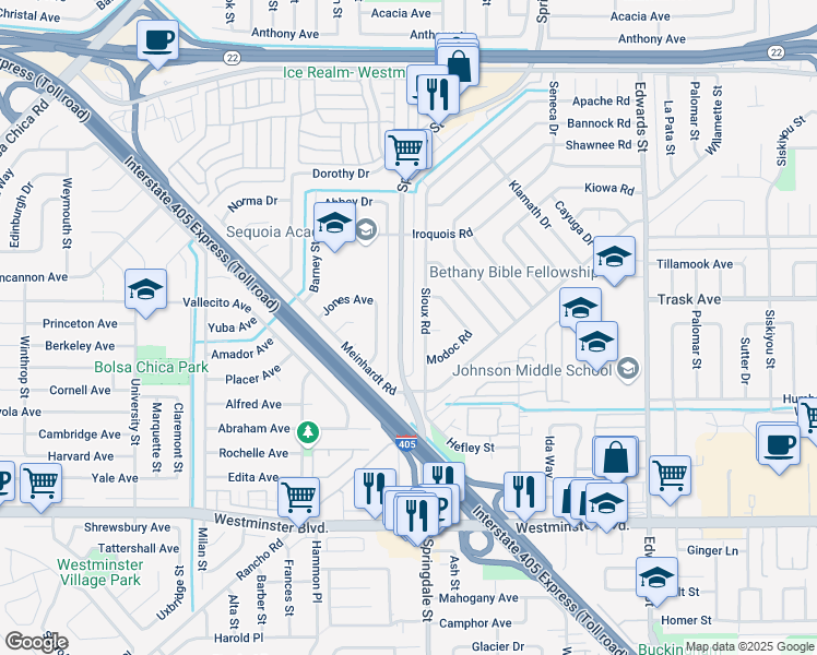 map of restaurants, bars, coffee shops, grocery stores, and more near 13562 Springdale Street in Westminster