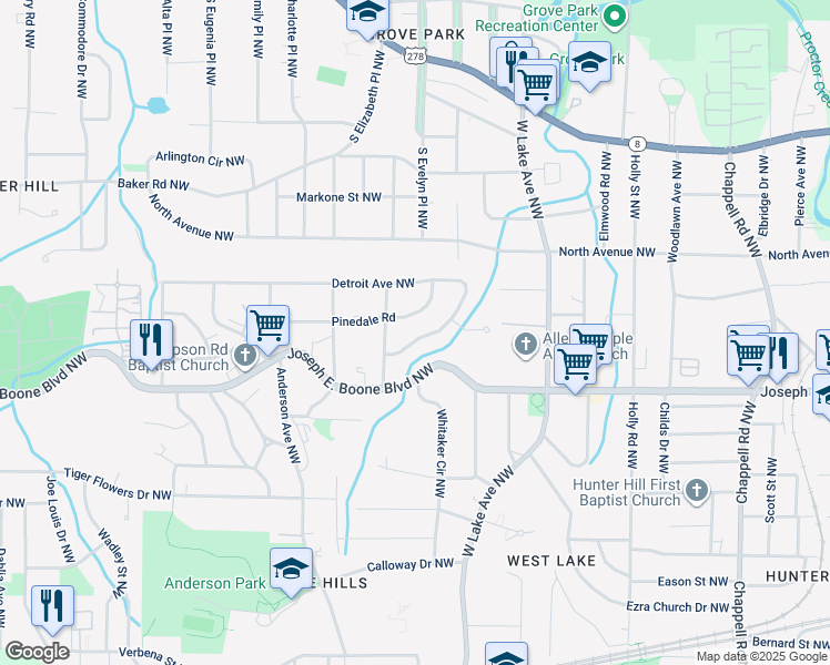 map of restaurants, bars, coffee shops, grocery stores, and more near 1652 Detroit Avenue Northwest in Atlanta
