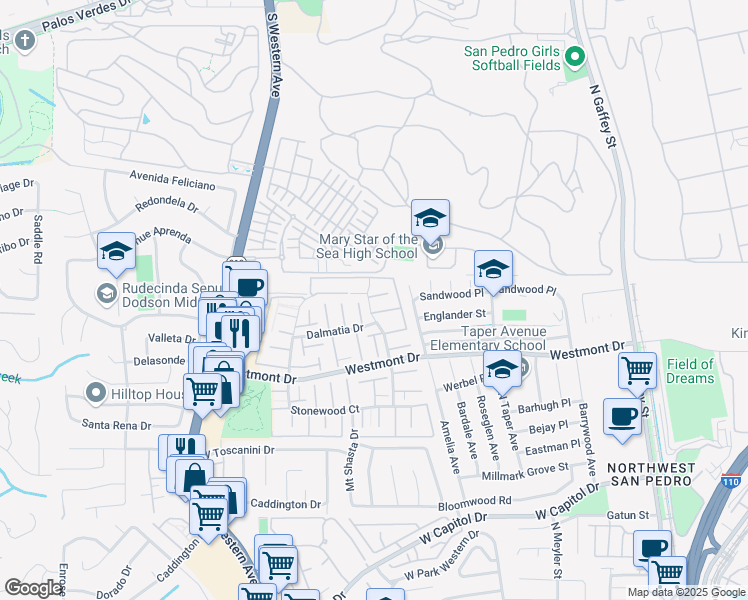 map of restaurants, bars, coffee shops, grocery stores, and more near 2154 Mount Shasta Drive in Los Angeles