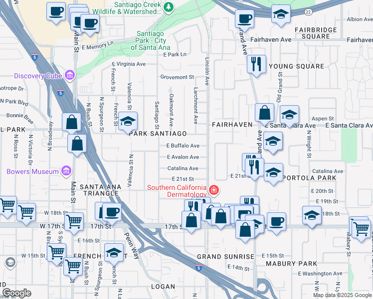 map of restaurants, bars, coffee shops, grocery stores, and more near 906 East Buffalo Avenue in Santa Ana
