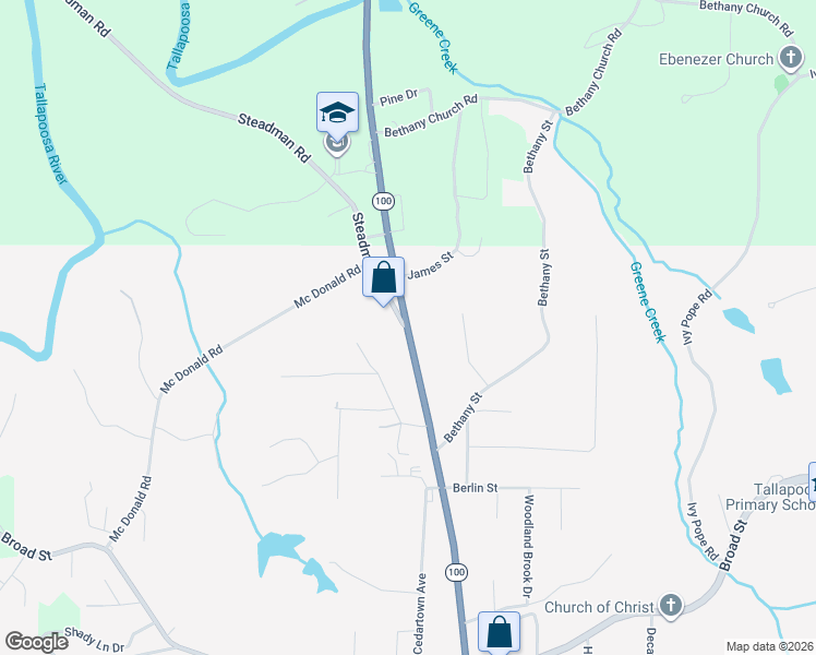 map of restaurants, bars, coffee shops, grocery stores, and more near 895 Bowdon Street in Tallapoosa