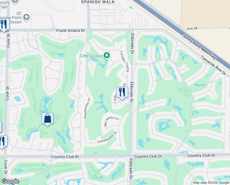 map of restaurants, bars, coffee shops, grocery stores, and more near 38941 Kilimanjaro Drive in Palm Desert