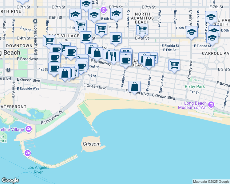 map of restaurants, bars, coffee shops, grocery stores, and more near 23 South 4th Place in Long Beach