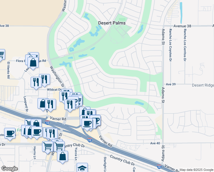 map of restaurants, bars, coffee shops, grocery stores, and more near 78530 Platinum Drive in Palm Desert