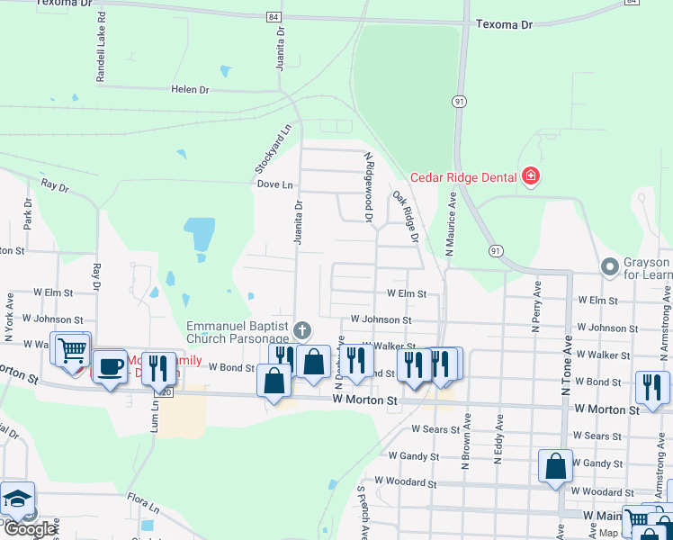 map of restaurants, bars, coffee shops, grocery stores, and more near 1730 West Washington Street in Denison
