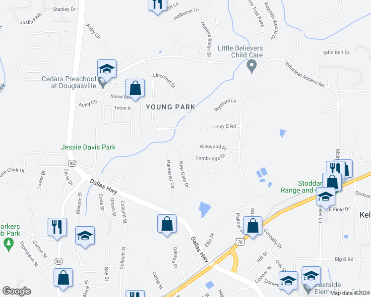 map of restaurants, bars, coffee shops, grocery stores, and more near 6314 New Gate Drive in Douglasville
