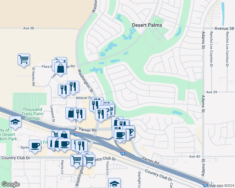 map of restaurants, bars, coffee shops, grocery stores, and more near 78216 Golden Reed Drive in Palm Desert