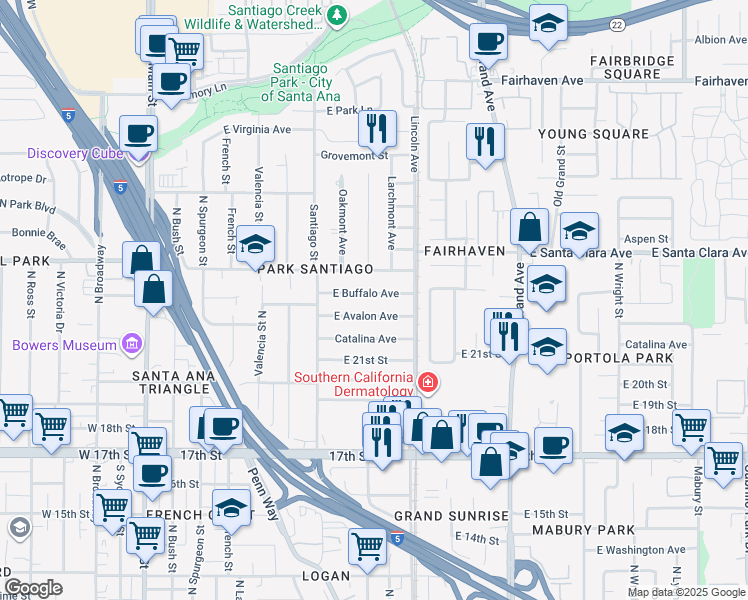 map of restaurants, bars, coffee shops, grocery stores, and more near 906 East Buffalo Avenue in Santa Ana