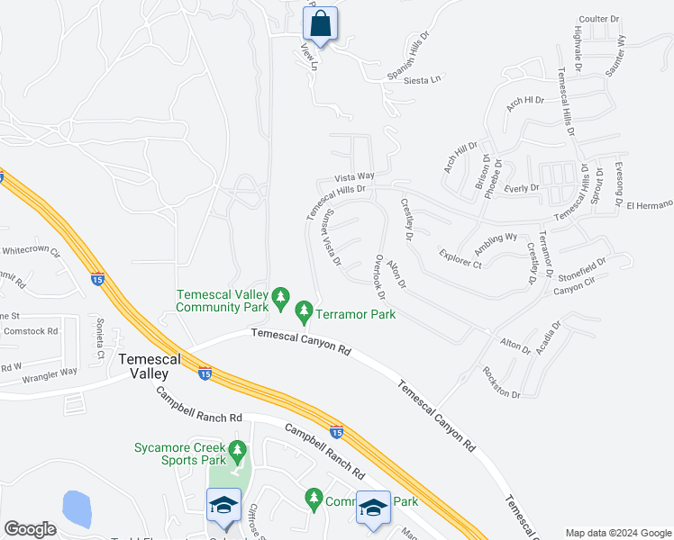 map of restaurants, bars, coffee shops, grocery stores, and more near 24489 Sunset Vista Drive in Temescal Valley