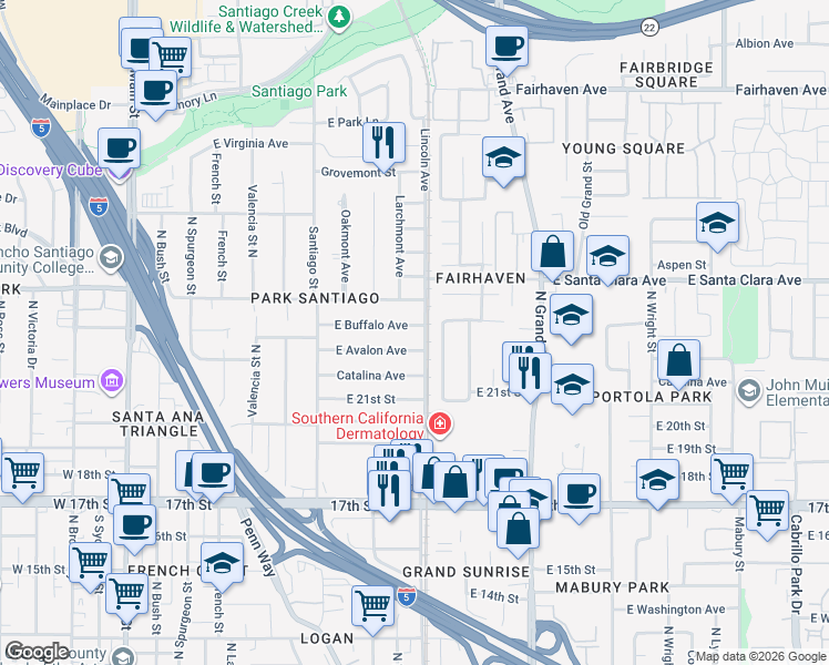 map of restaurants, bars, coffee shops, grocery stores, and more near 1015 East Avalon Avenue in Santa Ana