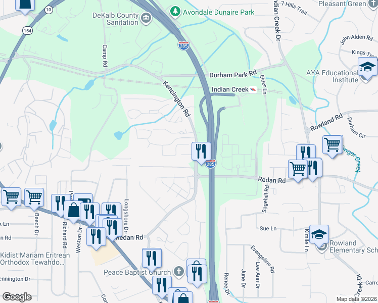 map of restaurants, bars, coffee shops, grocery stores, and more near 3803 Travis Trc in Decatur