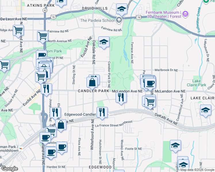 map of restaurants, bars, coffee shops, grocery stores, and more near 1479 McLendon Avenue Northeast in Atlanta