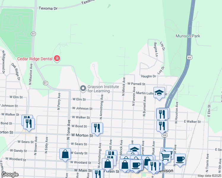 map of restaurants, bars, coffee shops, grocery stores, and more near 706 Martin Luther King Street in Denison