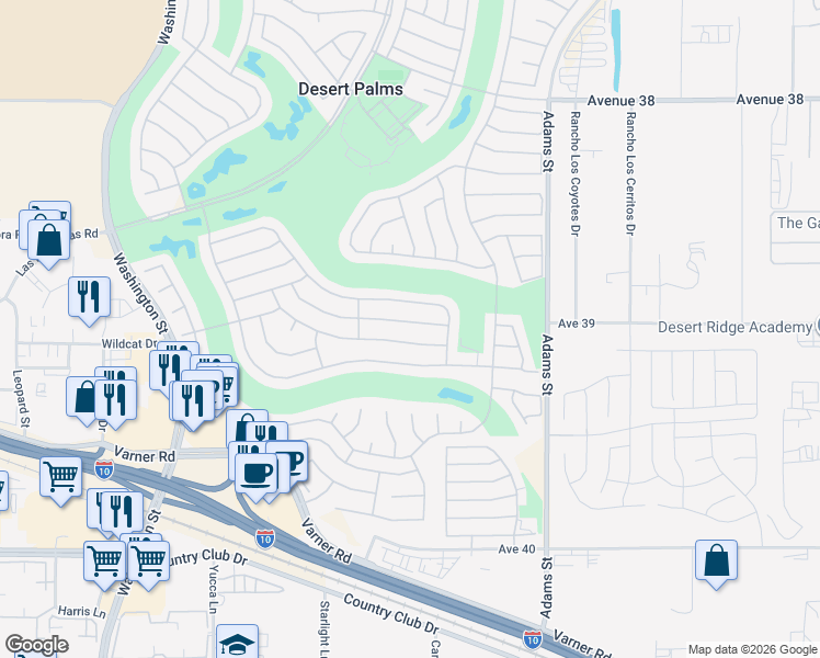 map of restaurants, bars, coffee shops, grocery stores, and more near 78727 Palm Tree Avenue in Palm Desert