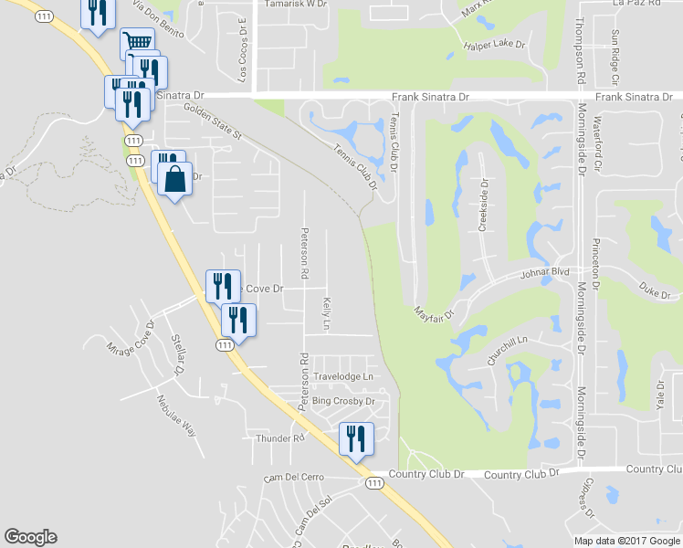 map of restaurants, bars, coffee shops, grocery stores, and more near 38800 Kelly Lane in Rancho Mirage