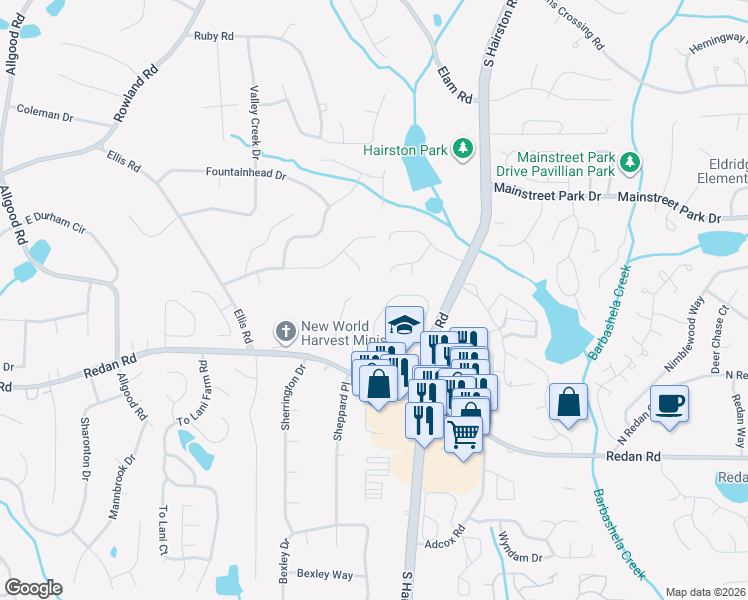map of restaurants, bars, coffee shops, grocery stores, and more near 1030 Autumn Crest Drive in Stone Mountain