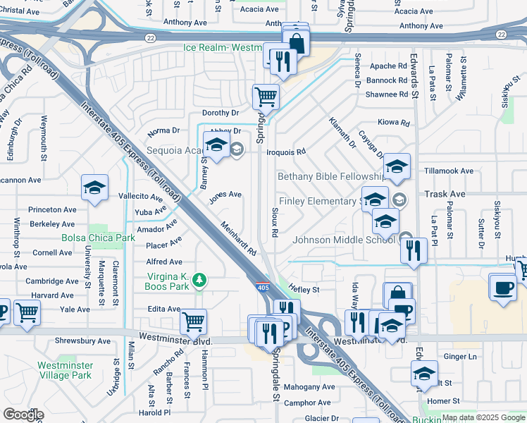 map of restaurants, bars, coffee shops, grocery stores, and more near 13562 Springdale Street in Westminster