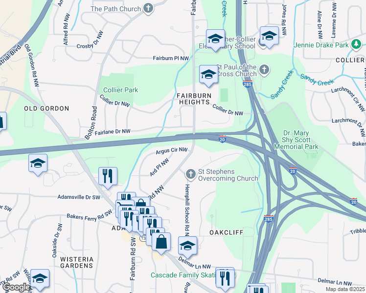 map of restaurants, bars, coffee shops, grocery stores, and more near 430 Argus Circle Northwest in Atlanta