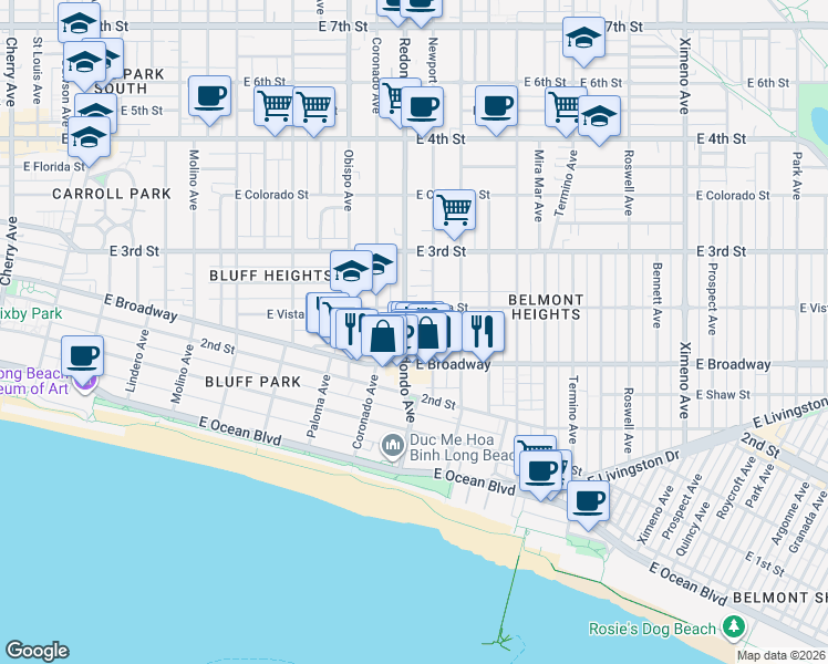 map of restaurants, bars, coffee shops, grocery stores, and more near in Long Beach