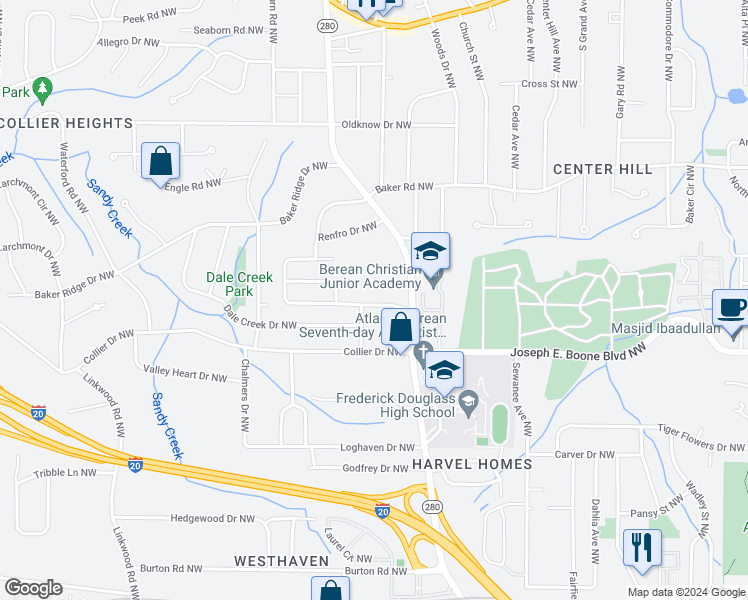 map of restaurants, bars, coffee shops, grocery stores, and more near 2563 Santa Barbara Drive Northwest in Atlanta